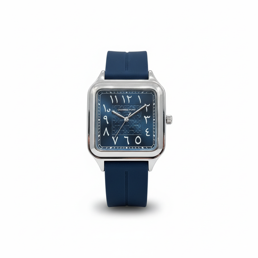blue square dial watch with arabic numerals