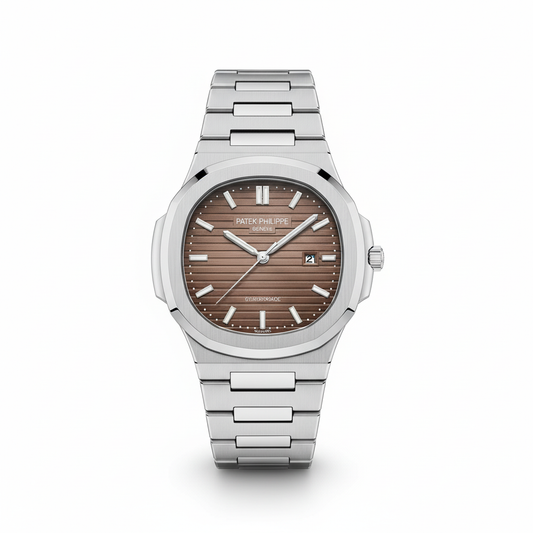 luxury silver steel watch with brown dial