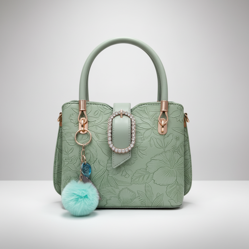 Elegant green ladies handbag with floral embossed design and pom pom charm
