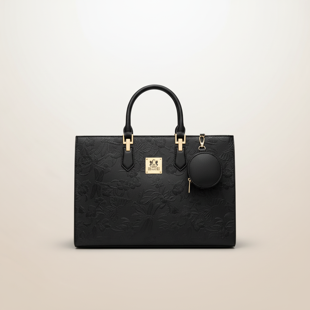 Luxury black floral embossed ladies tote bag with coin pouch
