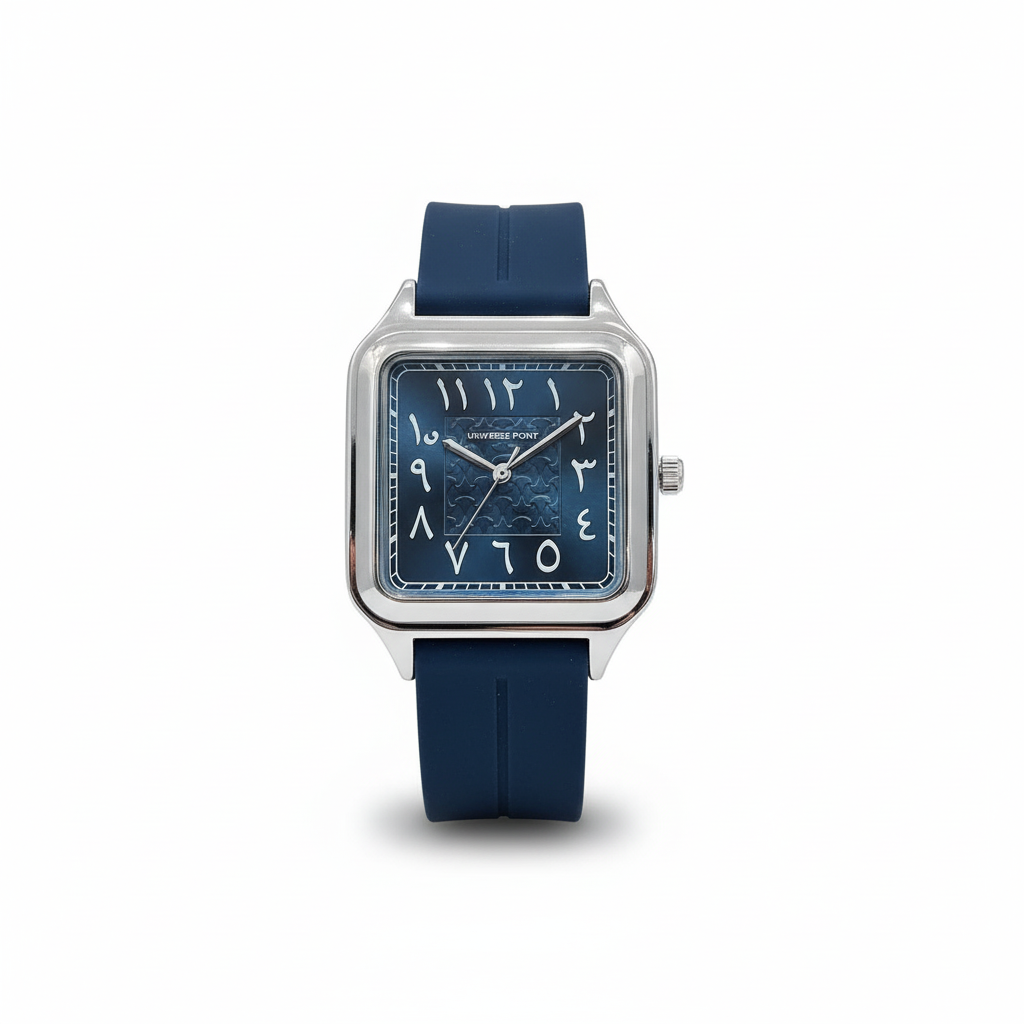 blue square dial watch with arabic numerals
