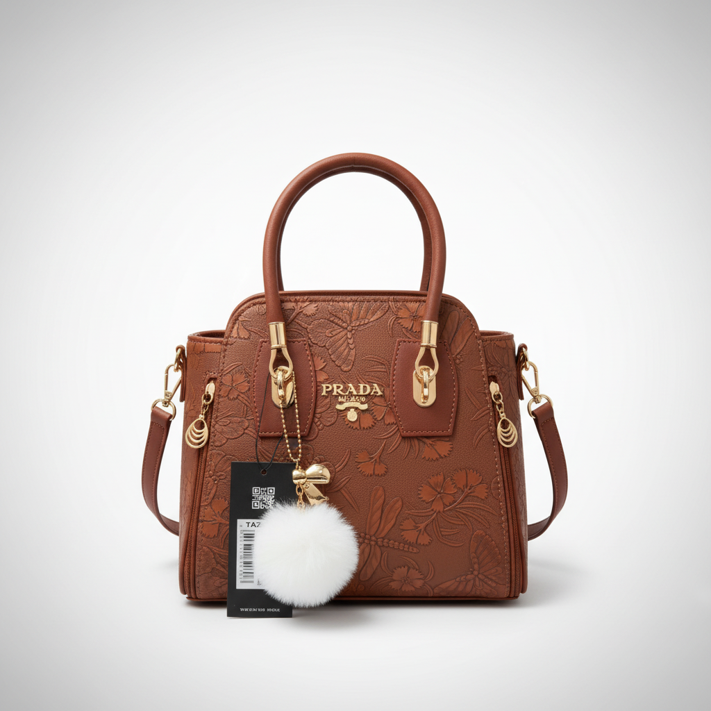 Elegant brown ladies handbag with floral embossed design and pom pom charm
