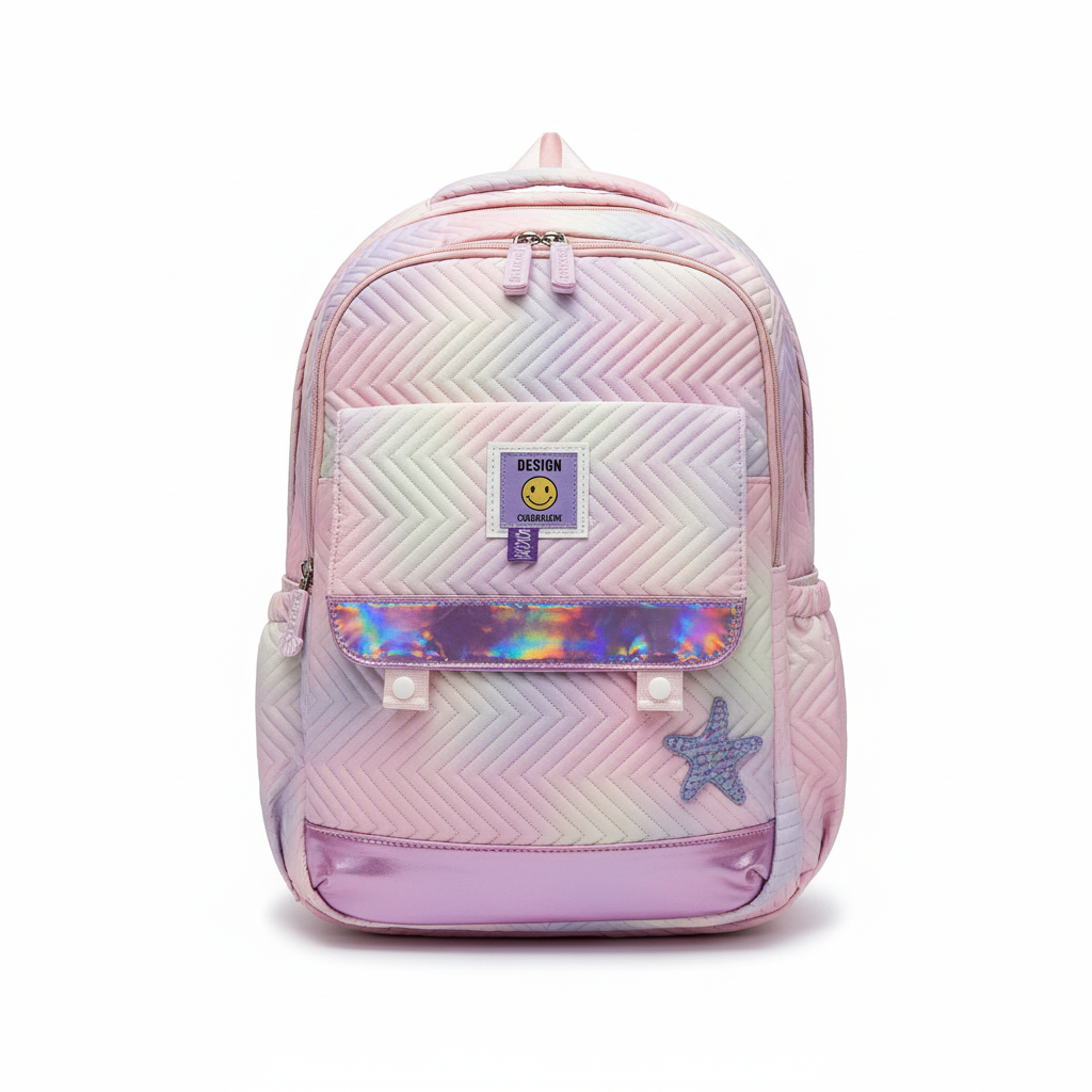 Cute pastel kids backpack for girls with rainbow design front view
