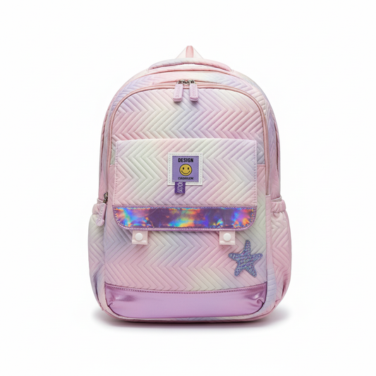 Cute pastel kids backpack for girls with rainbow design front view
