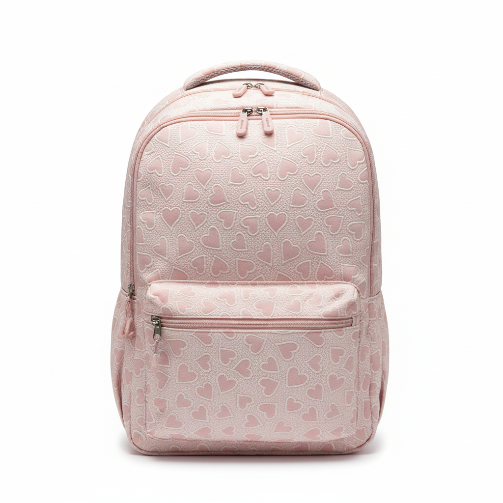 Cute pink backpack for girls with heart pattern for daily use
