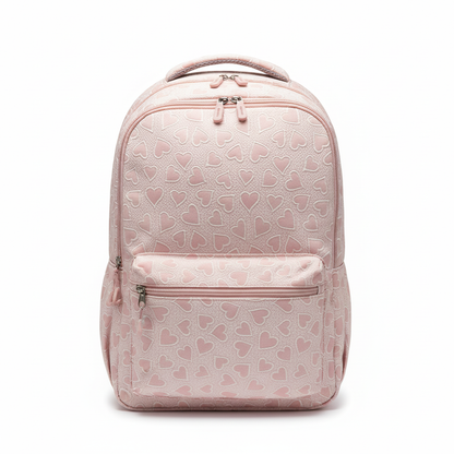 Cute pink backpack for girls with heart pattern for daily use
