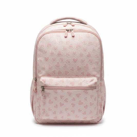 Cute pink backpack for girls with heart pattern for daily use
