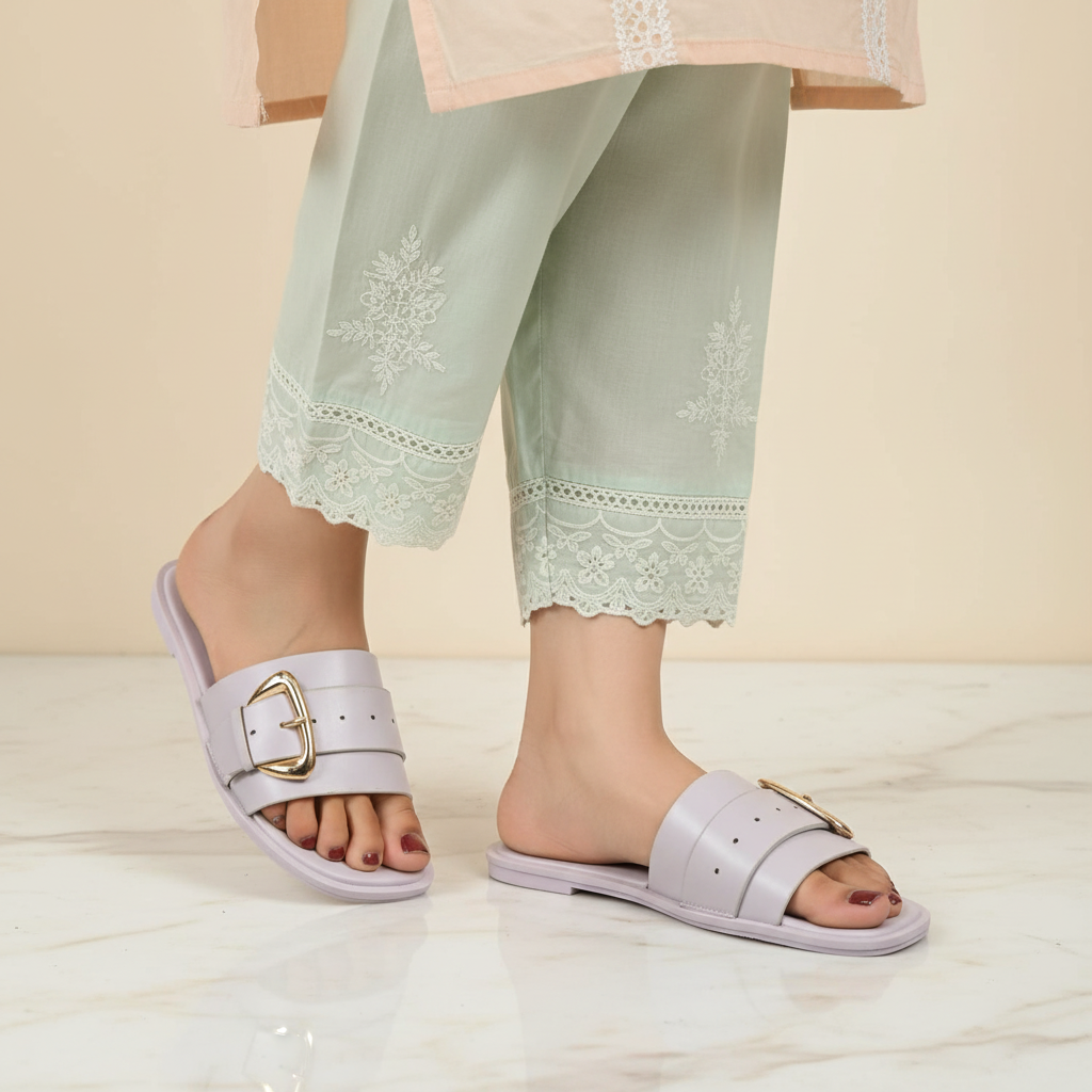 deluxe ladies light grey buckle slippers
