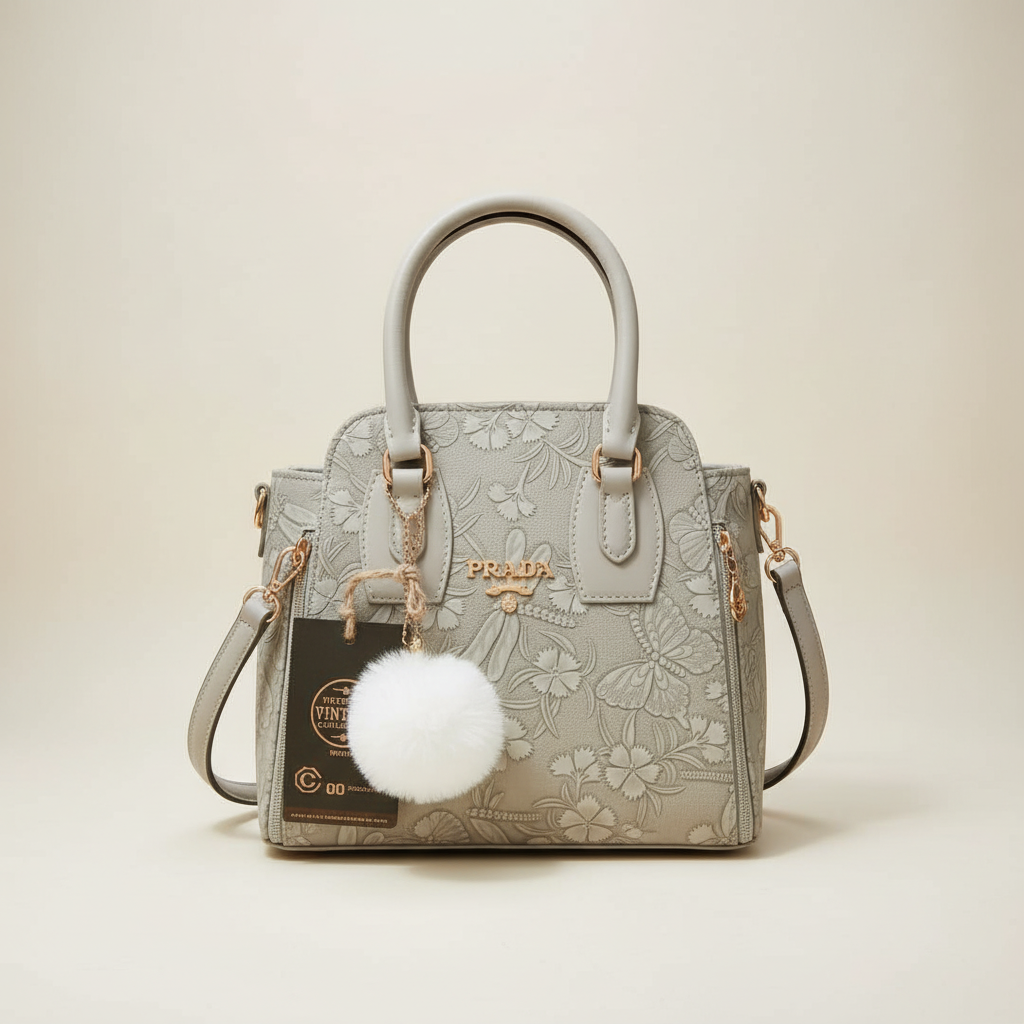 Elegant grey ladies handbag with floral embossed design and pom pom charm
