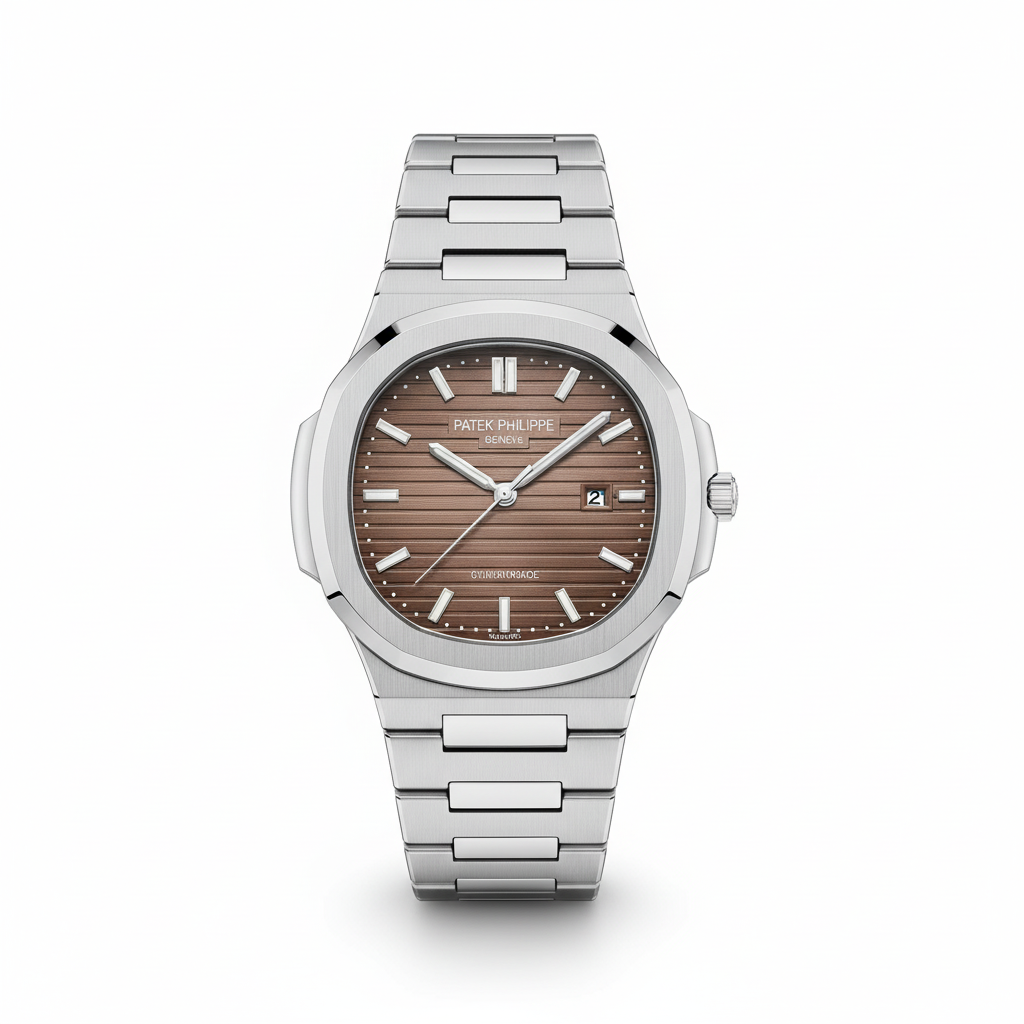 luxury silver steel watch with brown dial
