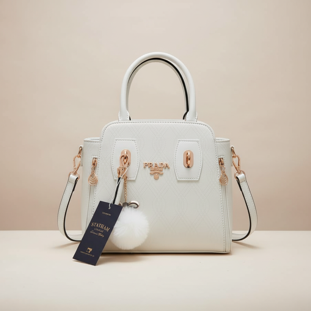 Elegant white ladies handbag with rose gold hardware and pom pom charm
